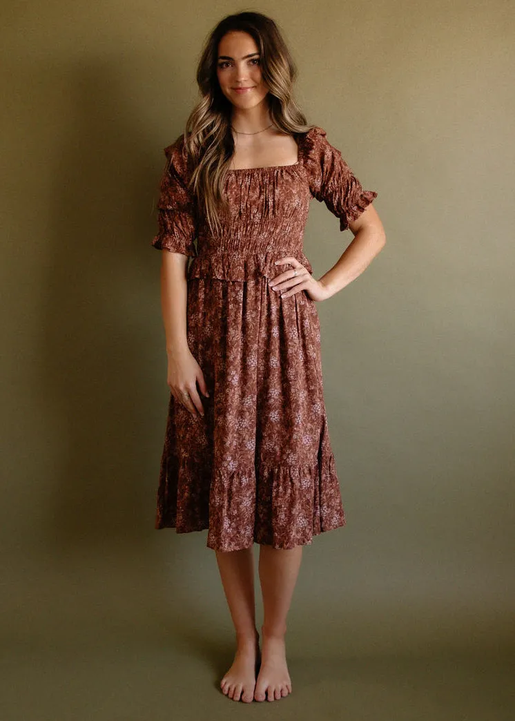 Montbretia, Womens Knee Length Dress, Floral, Smocked, Brick Multi
