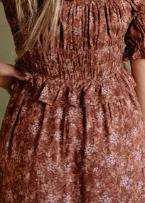Montbretia, Womens Knee Length Dress, Floral, Smocked, Brick Multi
