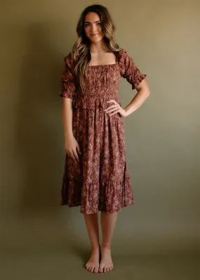 Montbretia, Womens Knee Length Dress, Floral, Smocked, Brick Multi