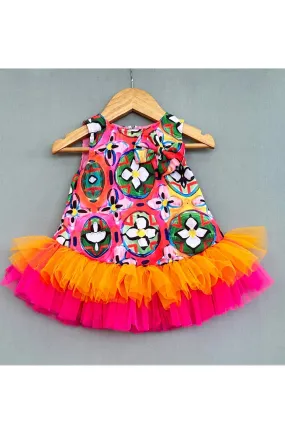 Multicolour Abstract Printed Dress With Colourful Frills