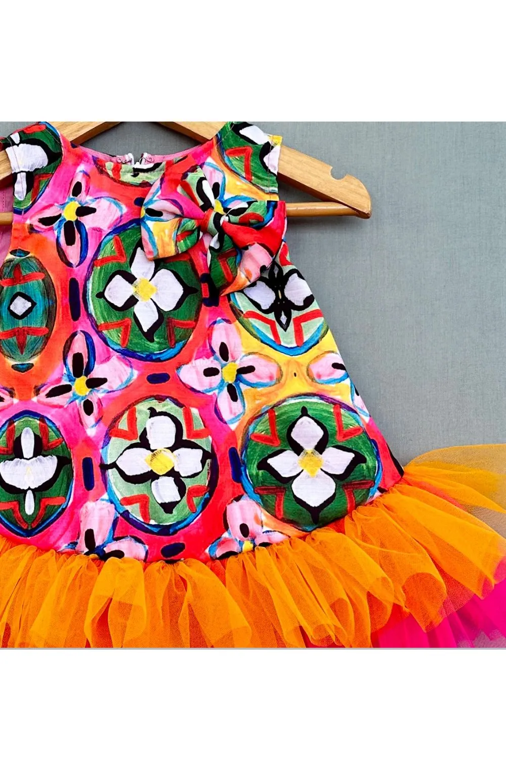 Multicolour Abstract Printed Dress With Colourful Frills