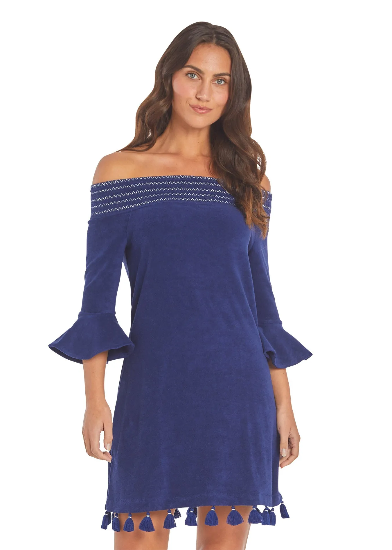 Navy Terry Off the Shoulder Dress