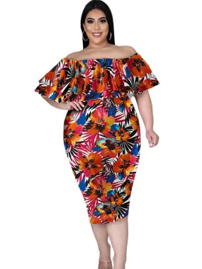 Off Shoulder Floral Print Bodycon Midi Dresses