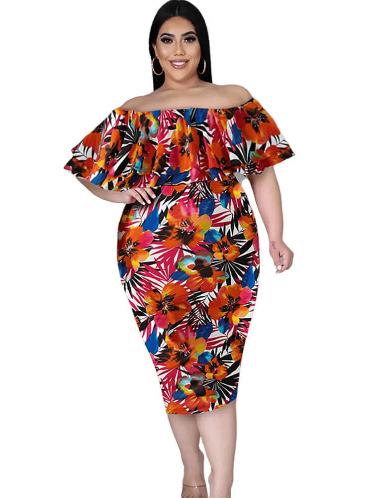 Off Shoulder Floral Print Bodycon Midi Dresses
