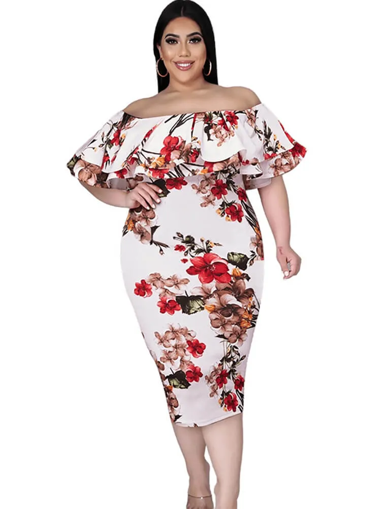 Off Shoulder Floral Print Bodycon Midi Dresses