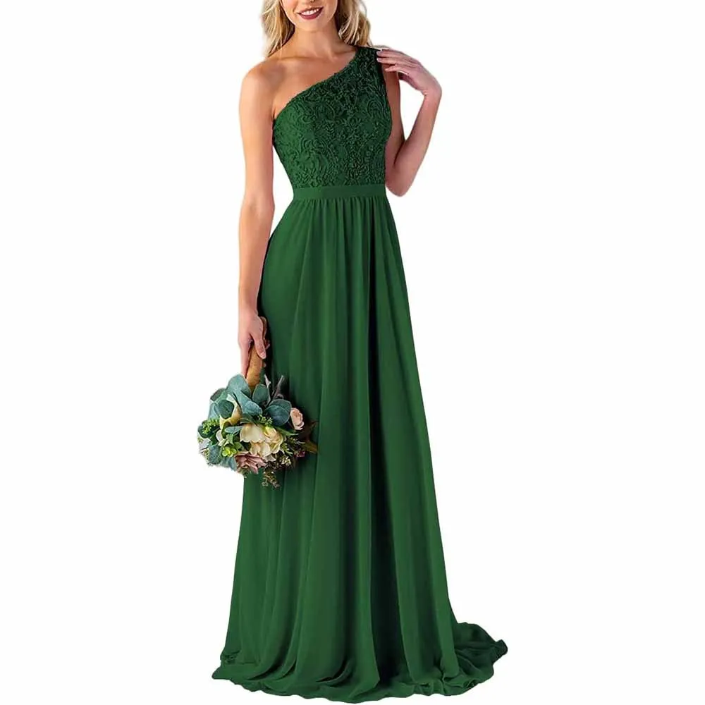 One Shoulder Bridesmaid Dresses Long for Wedding with Pockets Lace Bodice A-Line Chiffon Formal Party Gown