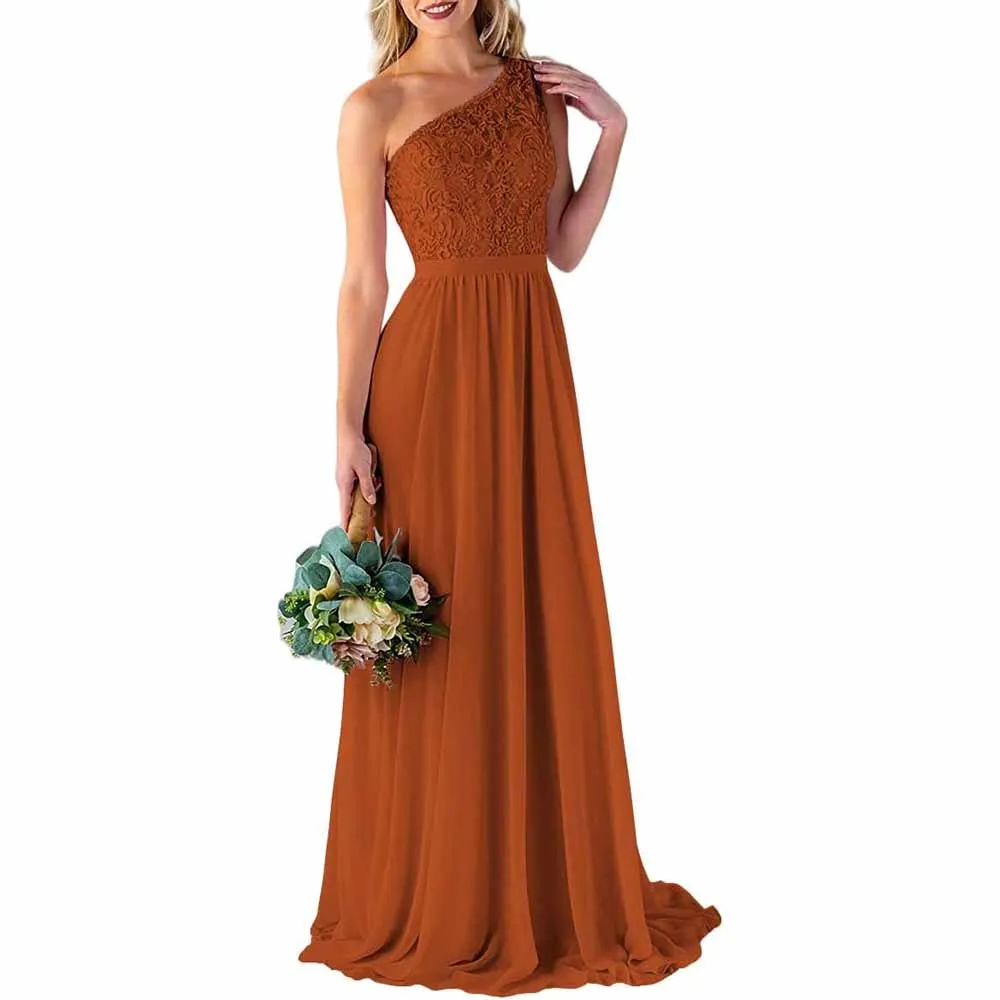 One Shoulder Bridesmaid Dresses Long for Wedding with Pockets Lace Bodice A-Line Chiffon Formal Party Gown