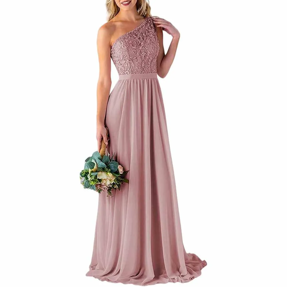 One Shoulder Bridesmaid Dresses Long for Wedding with Pockets Lace Bodice A-Line Chiffon Formal Party Gown