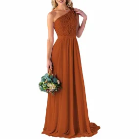 One Shoulder Bridesmaid Dresses Long for Wedding with Pockets Lace Bodice A-Line Chiffon Formal Party Gown