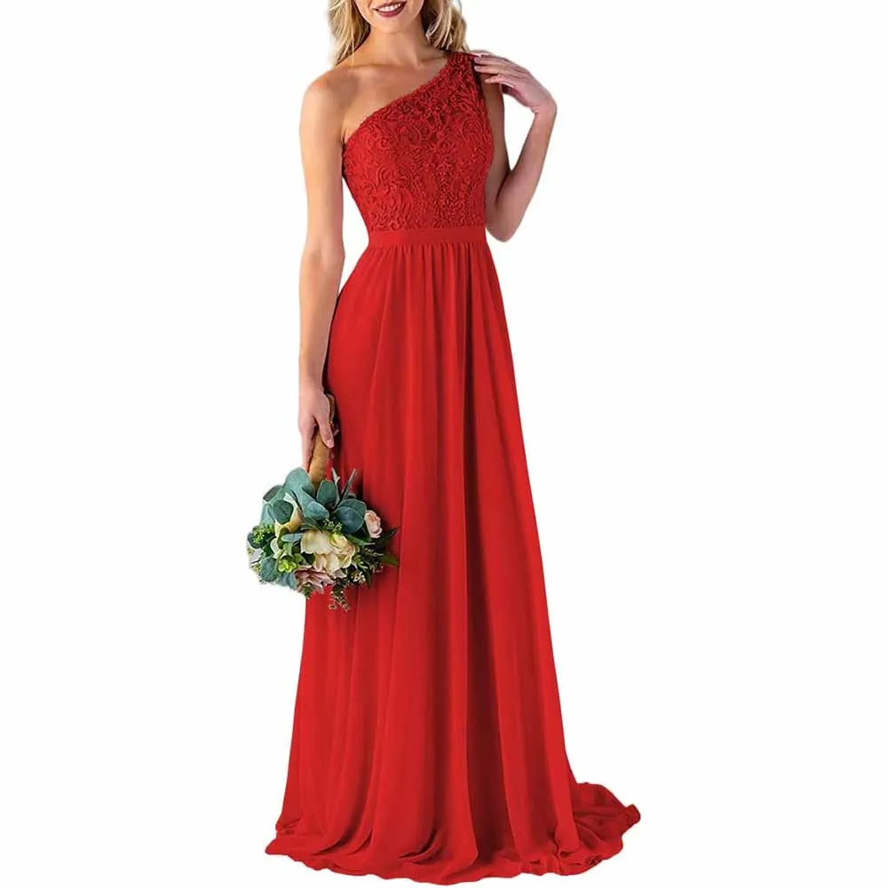 One Shoulder Bridesmaid Dresses Long for Wedding with Pockets Lace Bodice A-Line Chiffon Formal Party Gown