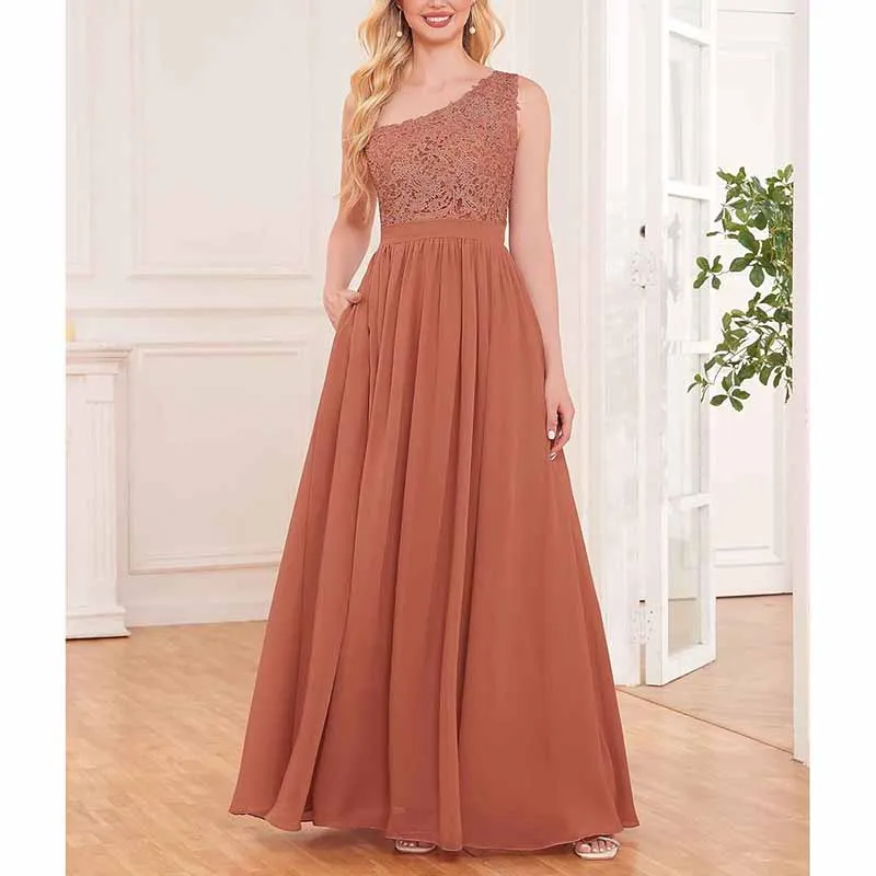 One Shoulder Bridesmaid Dresses Long for Wedding with Pockets Lace Bodice A-Line Chiffon Formal Party Gown