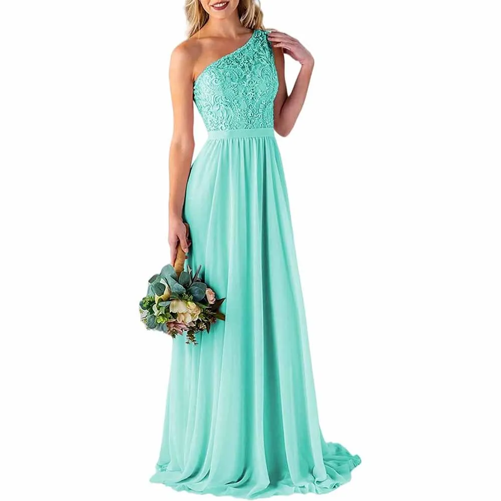One Shoulder Bridesmaid Dresses Long for Wedding with Pockets Lace Bodice A-Line Chiffon Formal Party Gown