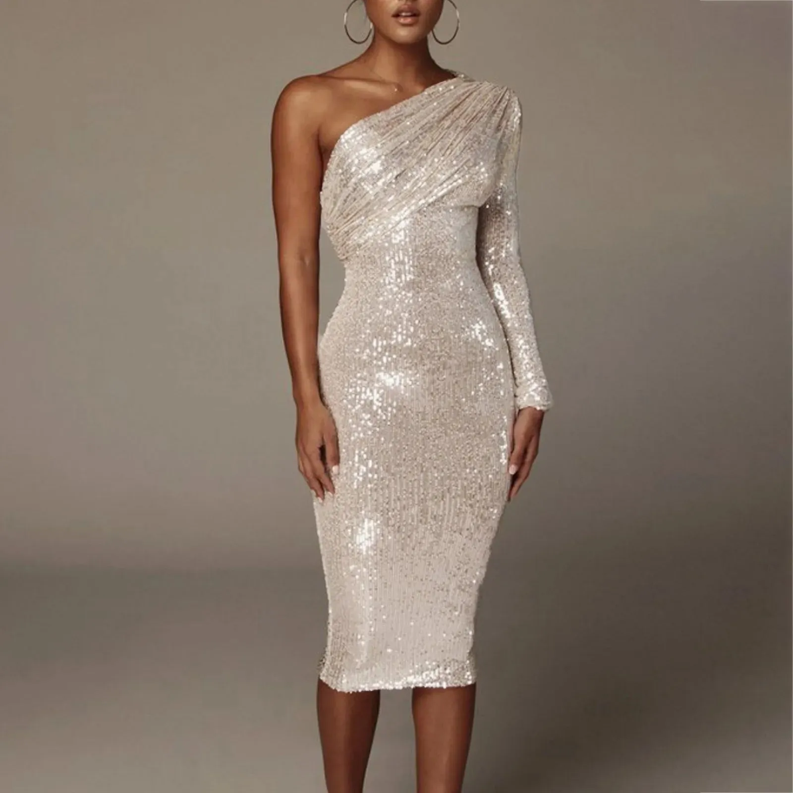 One Shoulder Sparkle Glitzy Sequins Mesh Patchwork Celebrity Christmas Party Clubwear Casual Sexy Dress