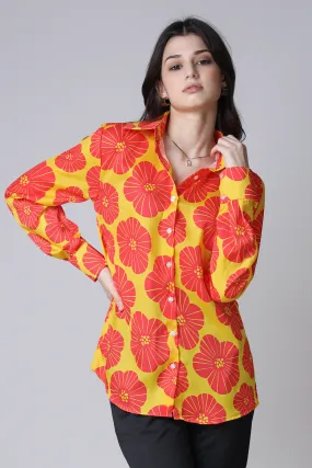 Orange Floral Long Sleeves Casual Shirt