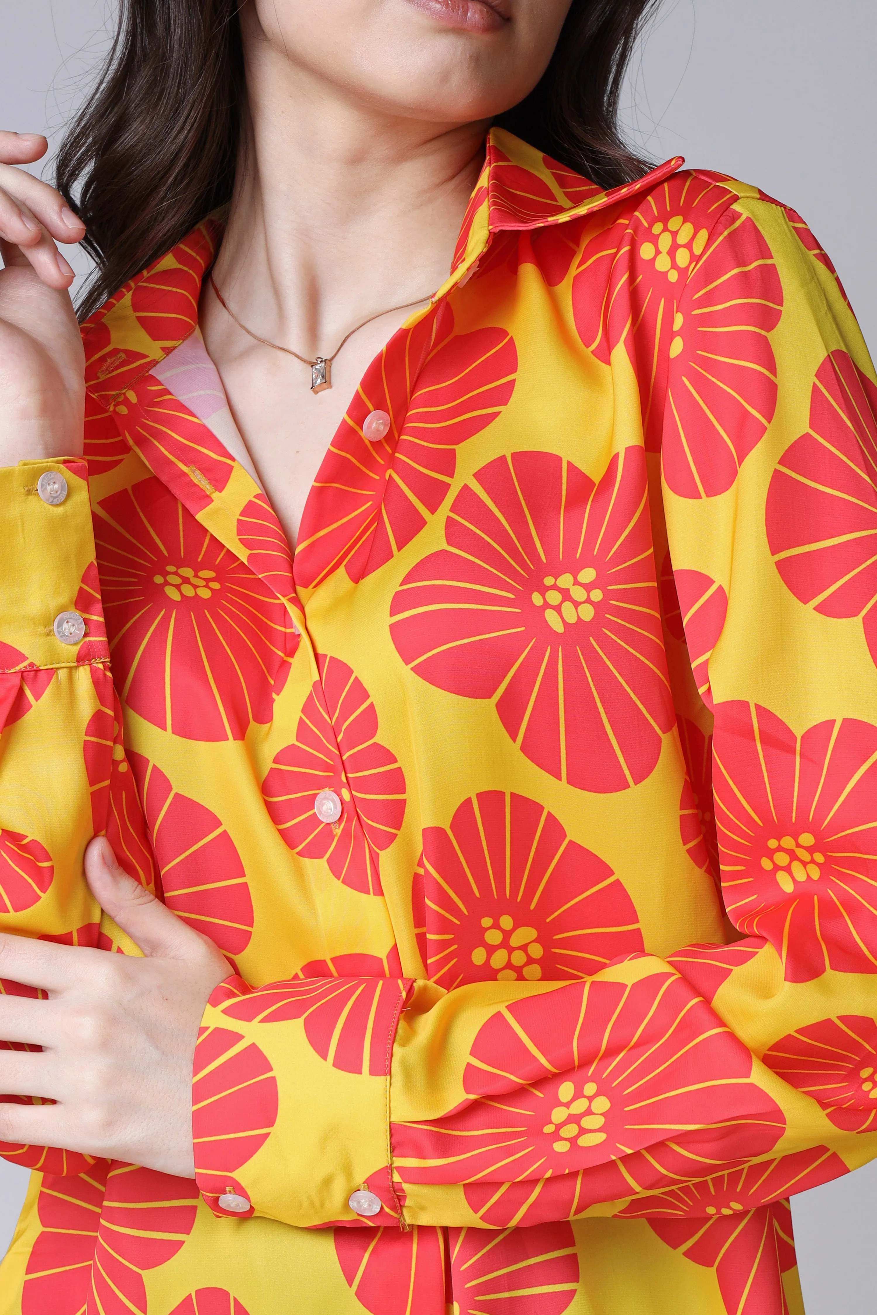 Orange Floral Long Sleeves Casual Shirt