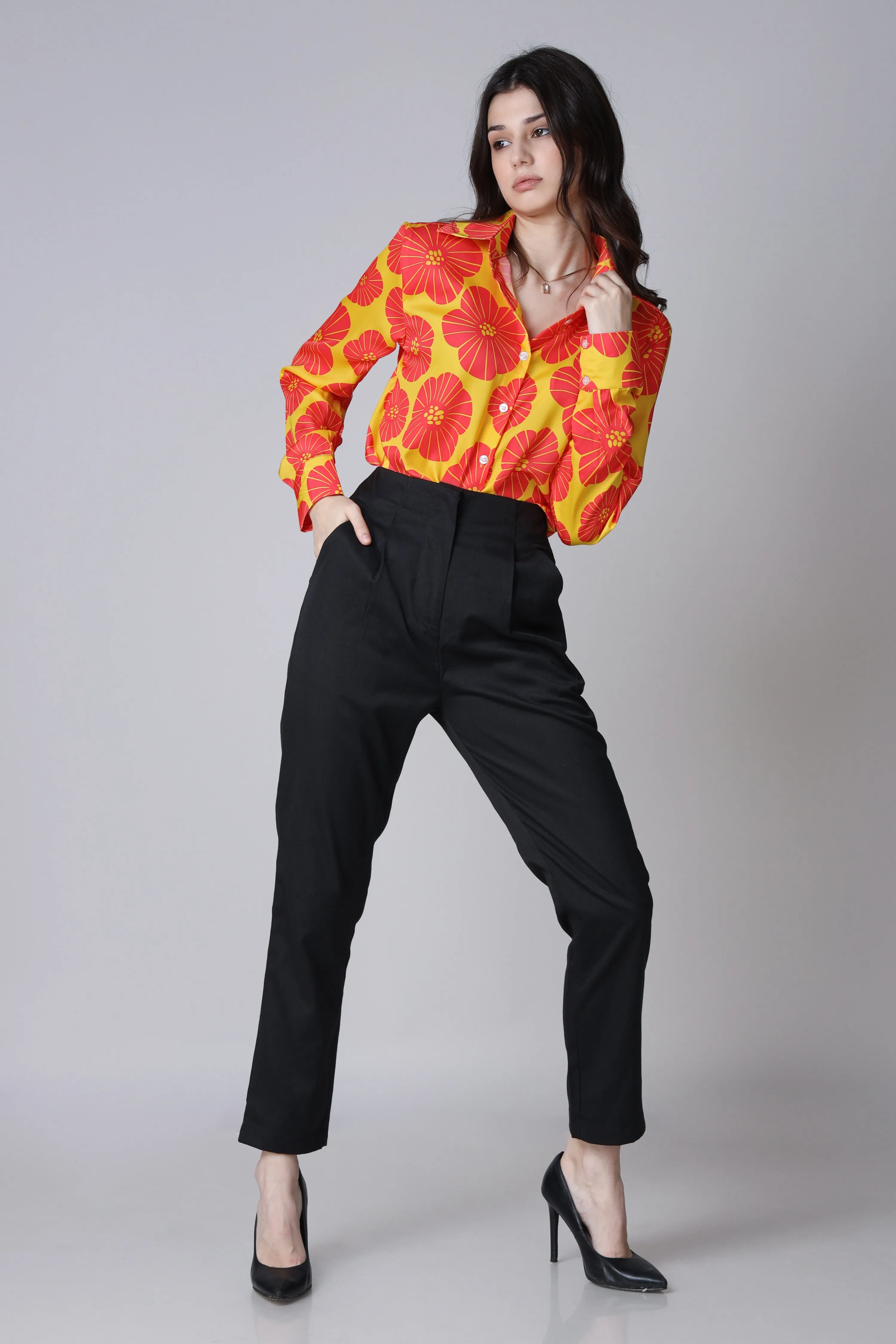 Orange Floral Long Sleeves Casual Shirt