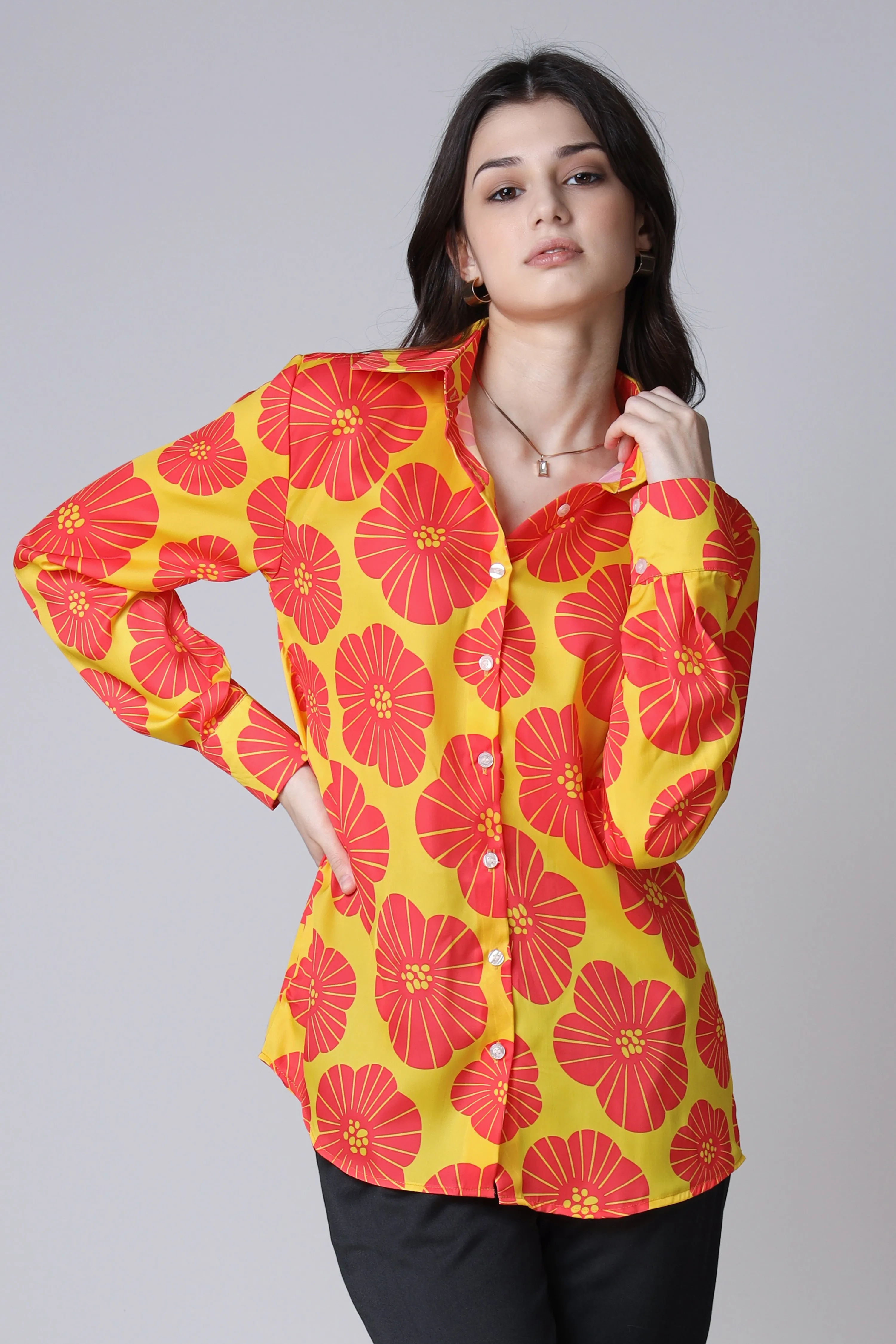 Orange Floral Long Sleeves Casual Shirt