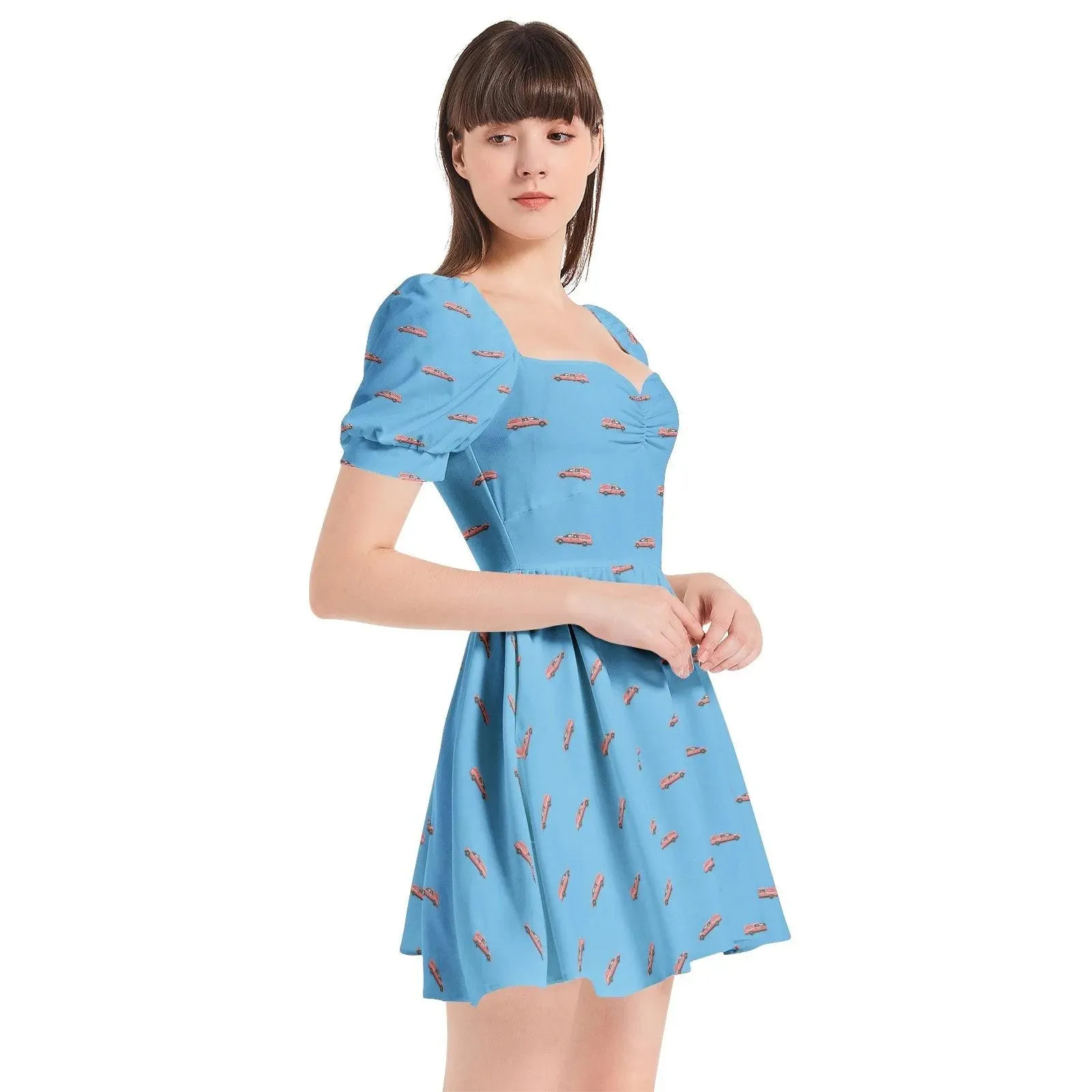 Pink Hearse on Baby Blue - Puff Sleeve Sweetheart Dress