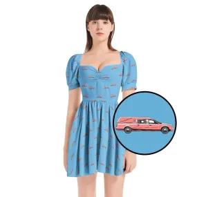 Pink Hearse on Baby Blue - Puff Sleeve Sweetheart Dress