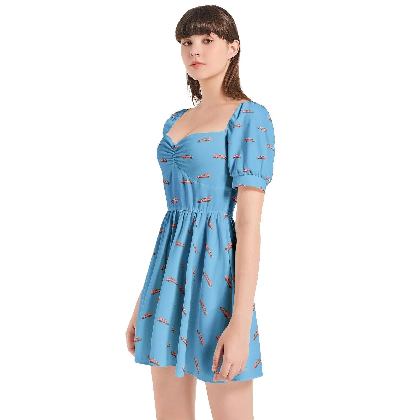 Pink Hearse on Baby Blue - Puff Sleeve Sweetheart Dress