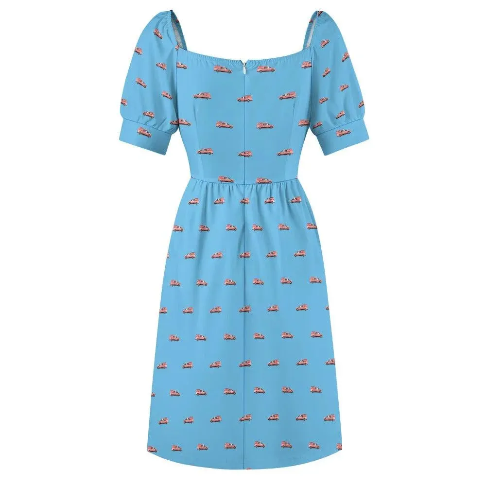 Pink Hearse on Baby Blue - Puff Sleeve Sweetheart Dress