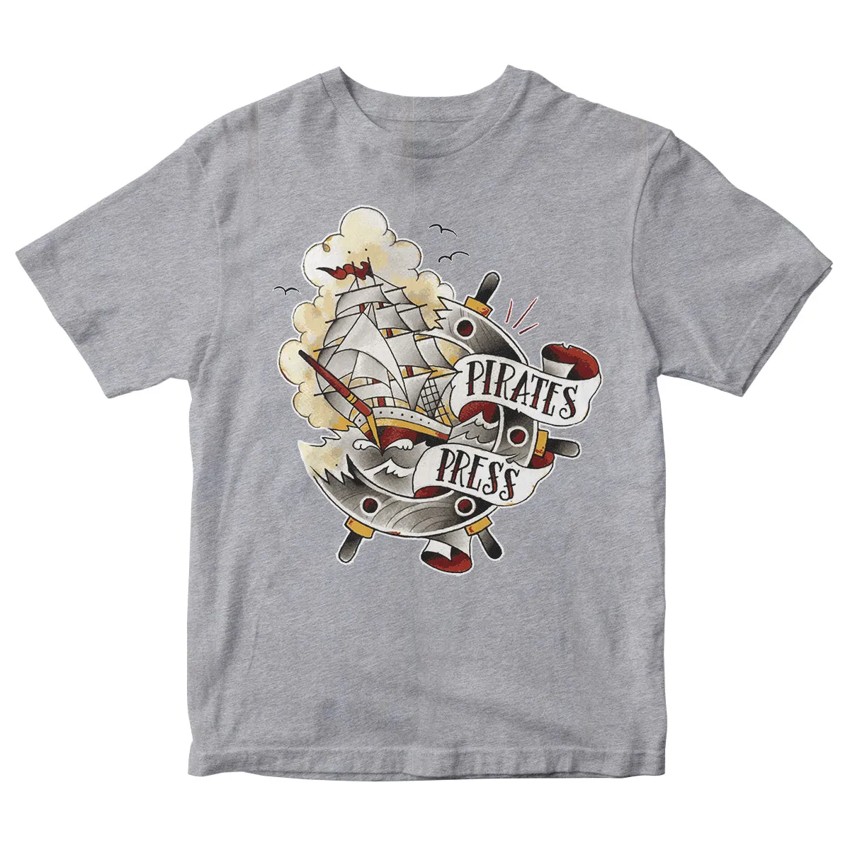 Pirates Press - Full Color Tattoo Ship - Grey - T-Shirt