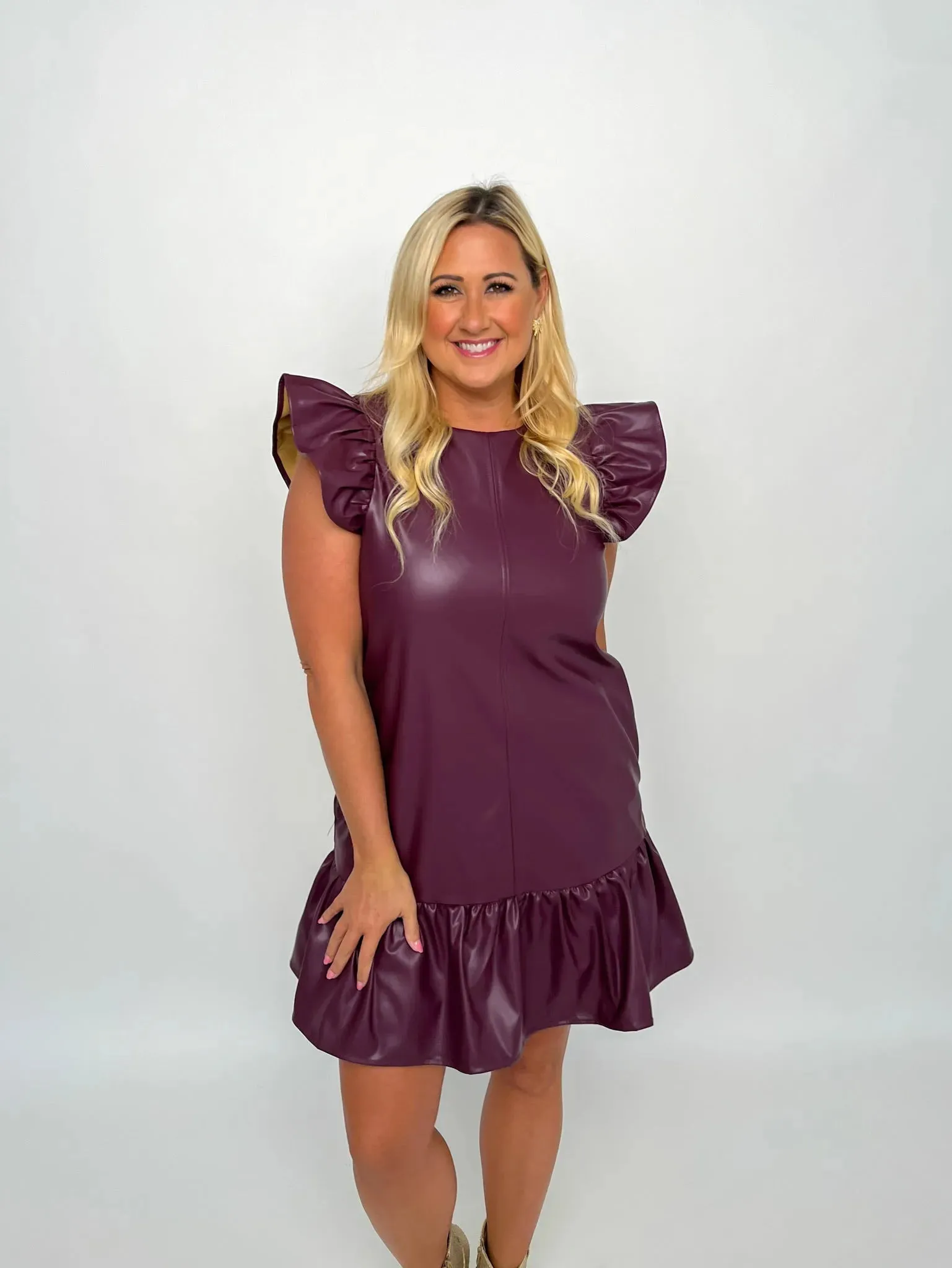 Plum Faux Leather Ruffle Sleeve Dress