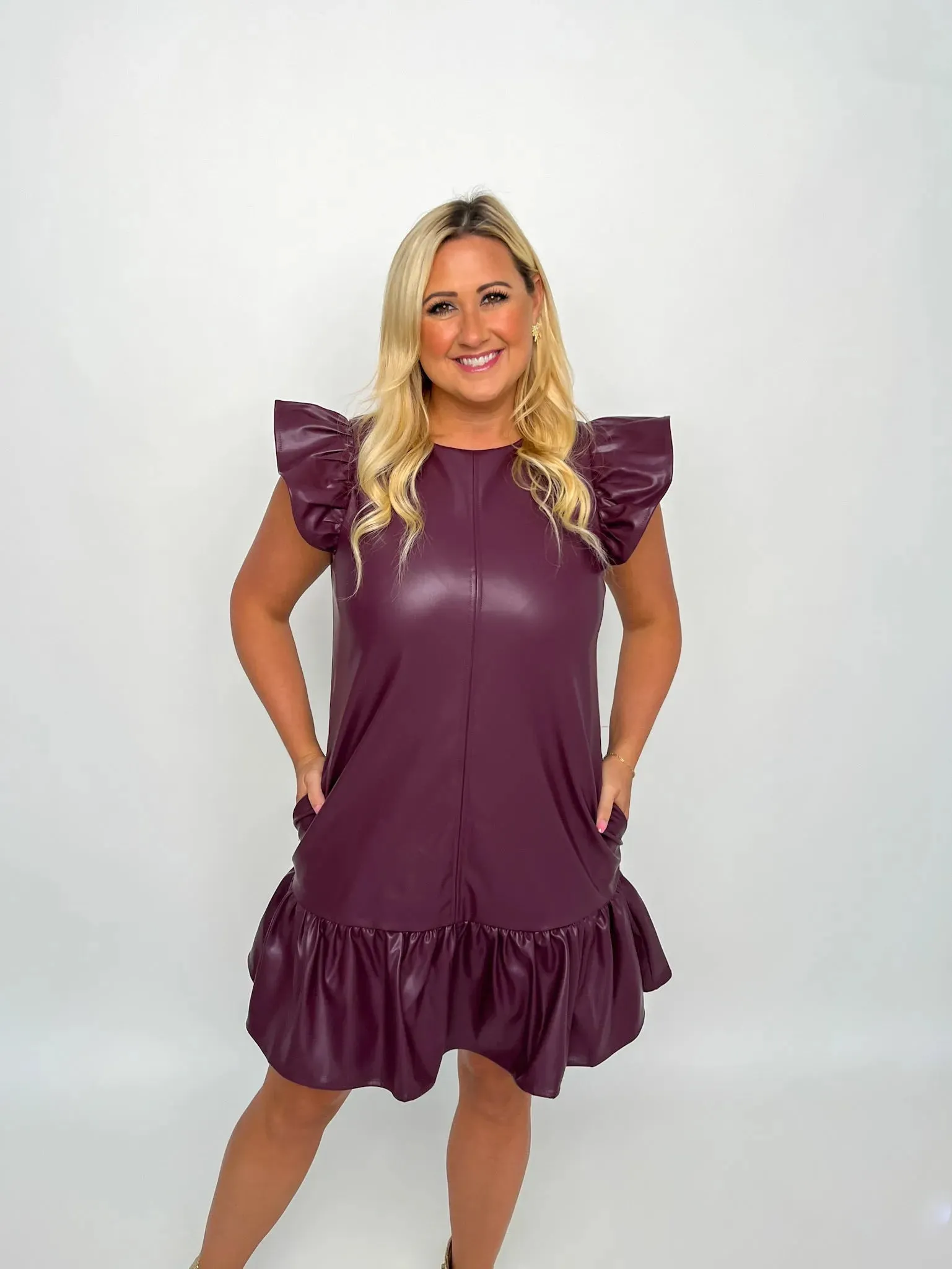 Plum Faux Leather Ruffle Sleeve Dress