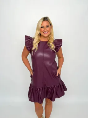 Plum Faux Leather Ruffle Sleeve Dress
