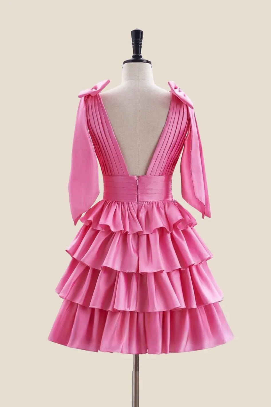 Plunge Neck Pink Layered Ruched Short Dress