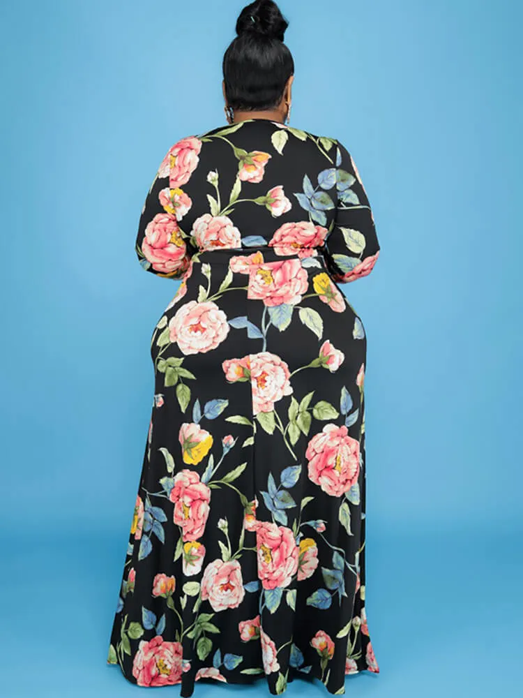 Plus Size Floral Print Long Sleeve Maxi Dress