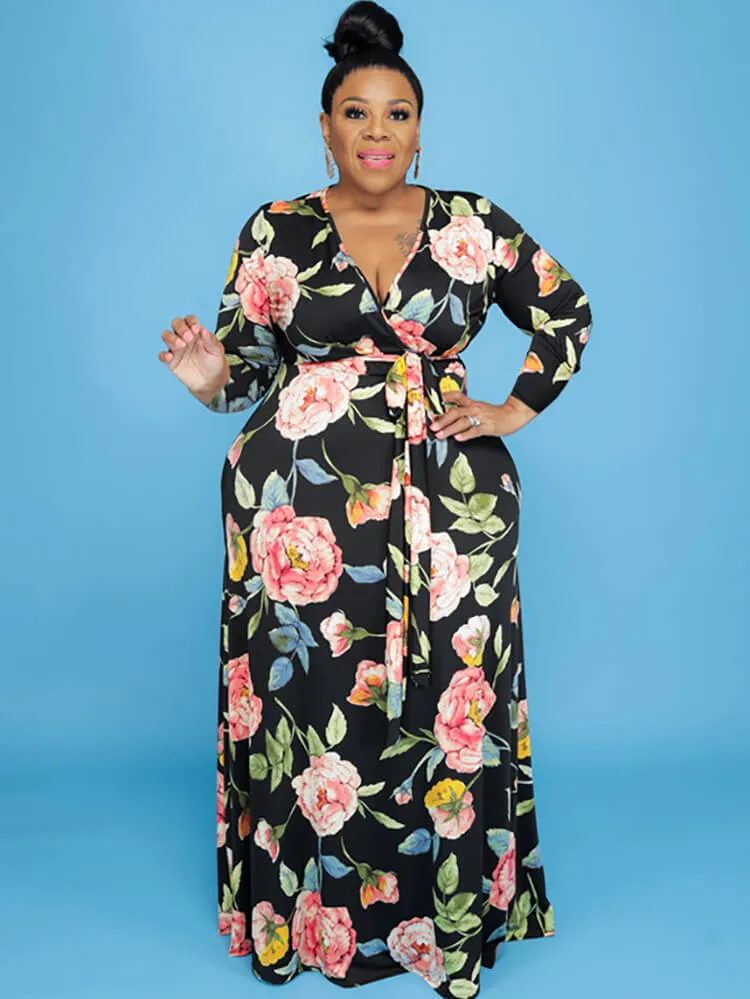 Plus Size Floral Print Long Sleeve Maxi Dress