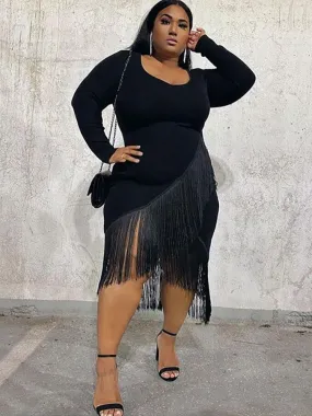 Plus Size Long Sleeves Tassels Midi Dresses
