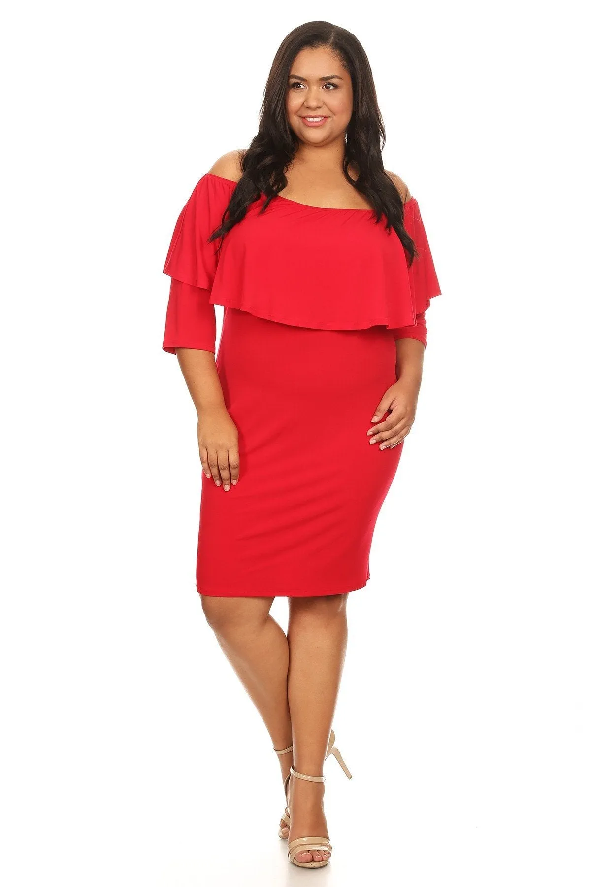 Plus Size Off Shoulder Ruffle Knee Bodycon Dress