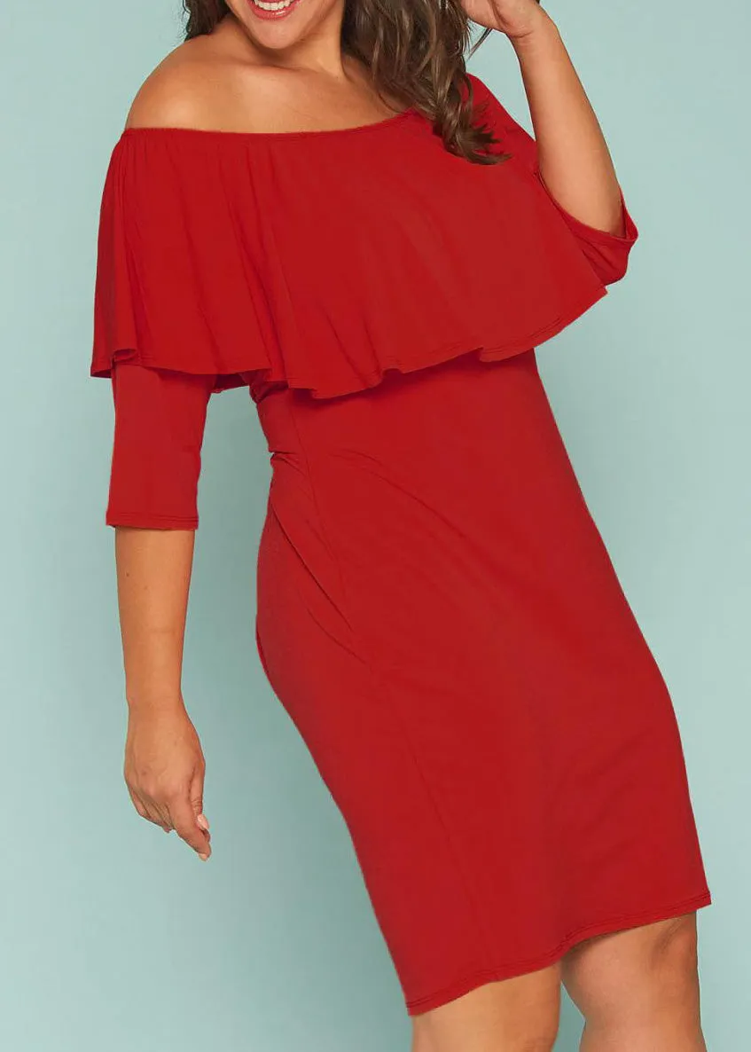 Plus Size Off Shoulder Ruffle Knee Bodycon Dress