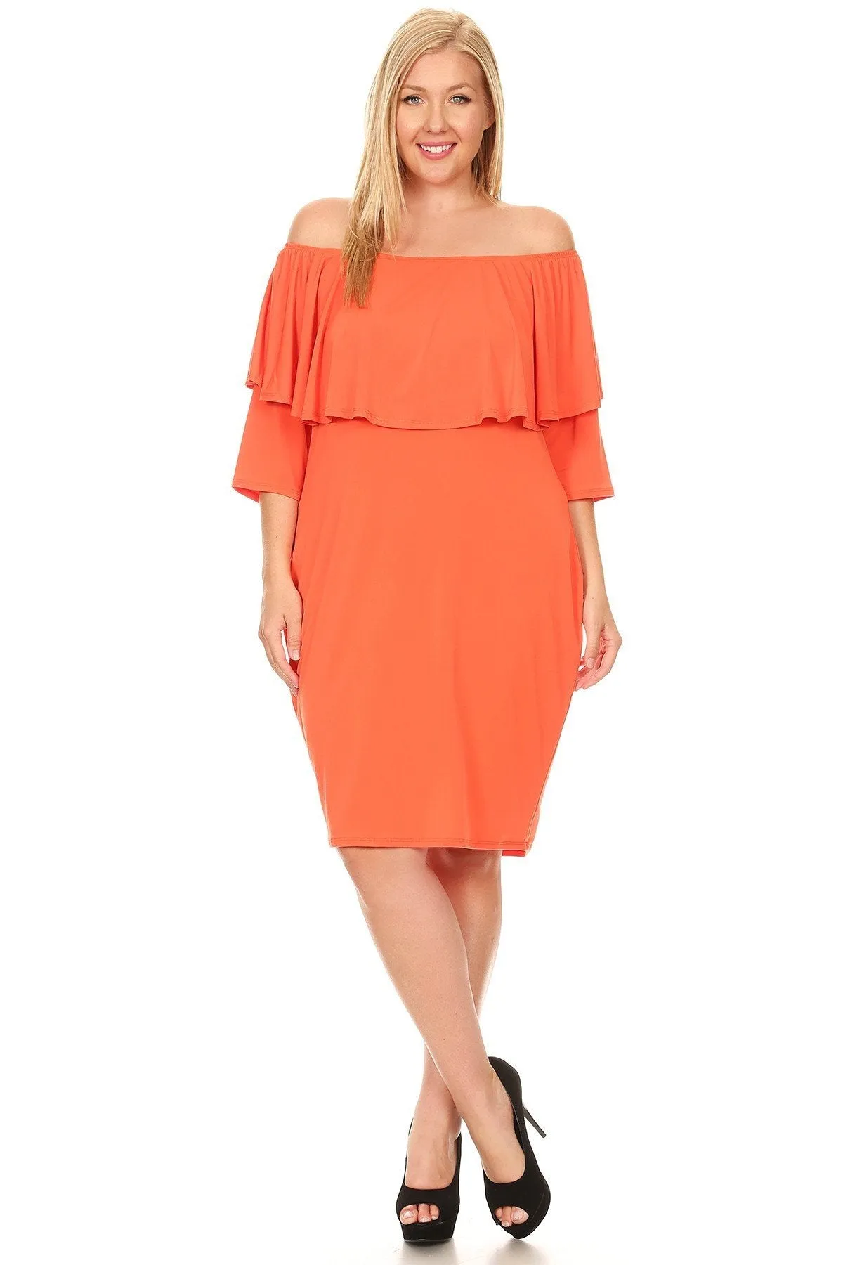 Plus Size Off Shoulder Ruffle Knee Bodycon Dress