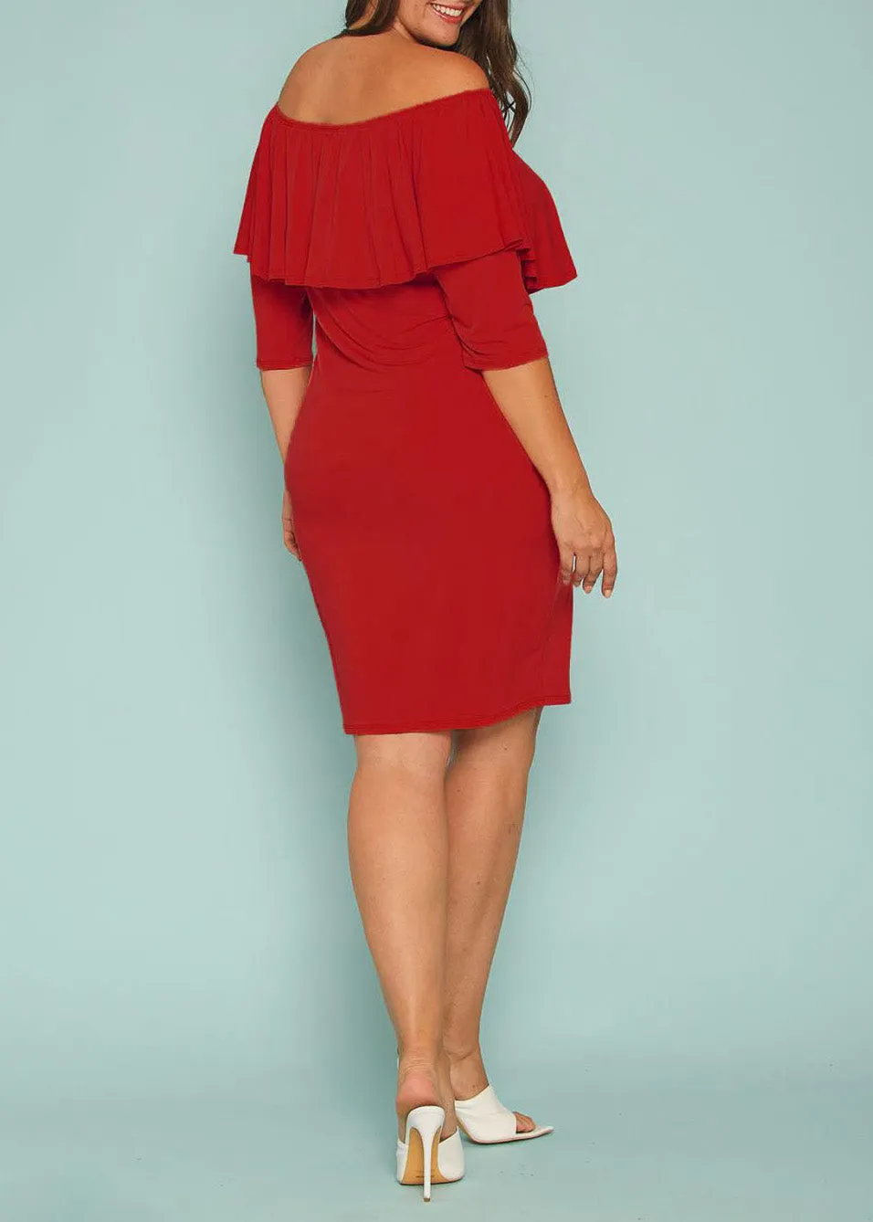 Plus Size Off Shoulder Ruffle Knee Bodycon Dress