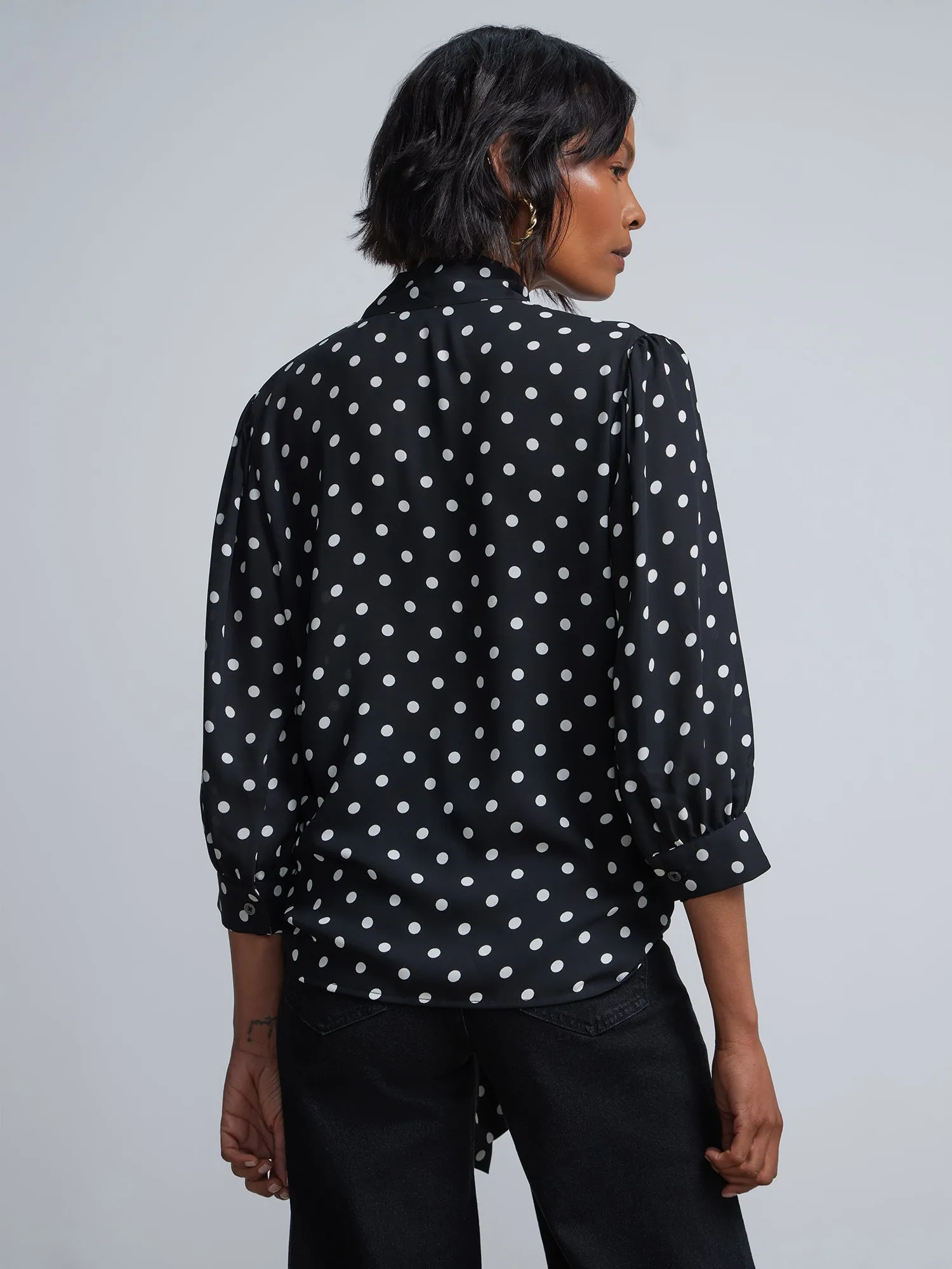 Polka-Dot Bow-Front Cuffed-Sleeve Blouse