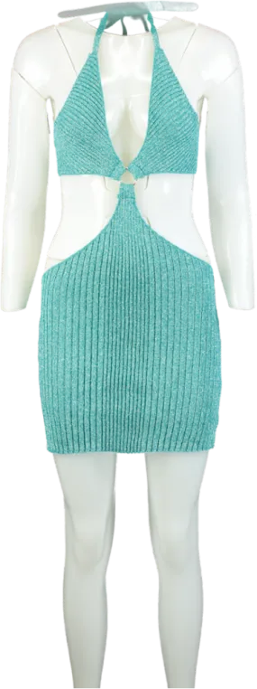 PrettyLittleThing Turquoise Glitter Knit Cut Out Mini Dress UK M