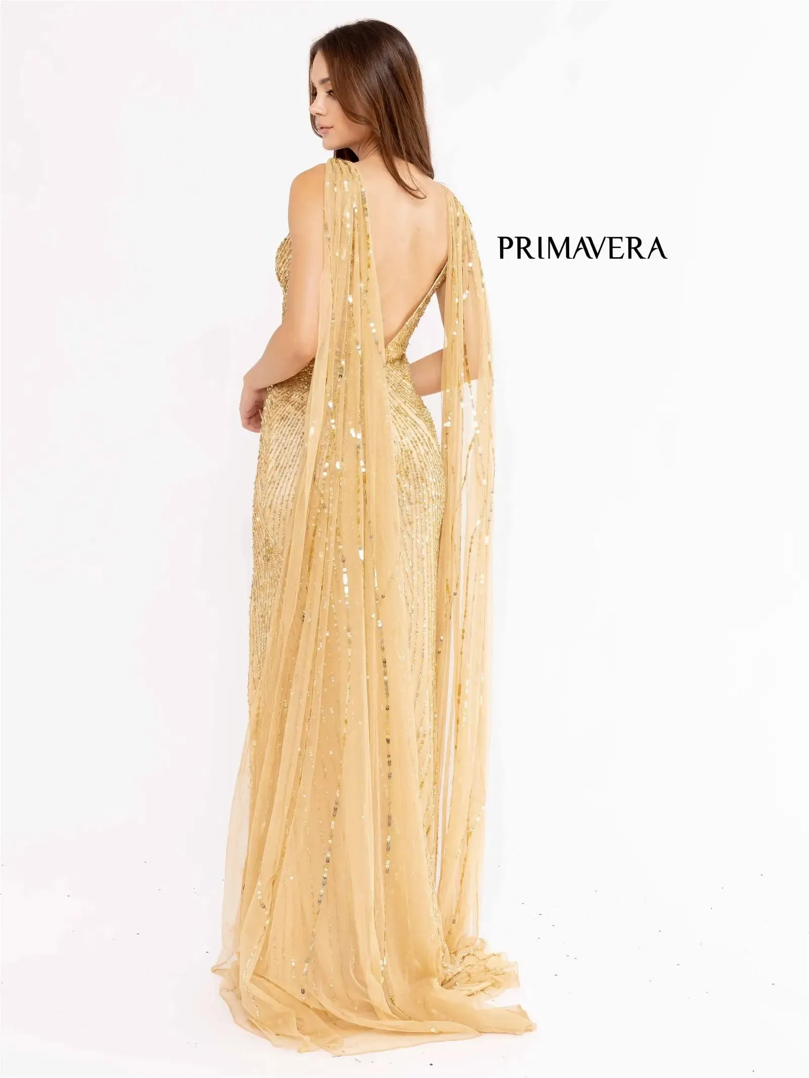 Primavera Couture 3971 Size 6 Gold Long Fitted Beaded Sequin Formal Pageant Dress Prom Gown Cape