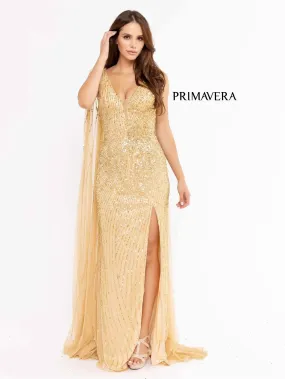 Primavera Couture 3971 Size 6 Gold Long Fitted Beaded Sequin Formal Pageant Dress Prom Gown Cape