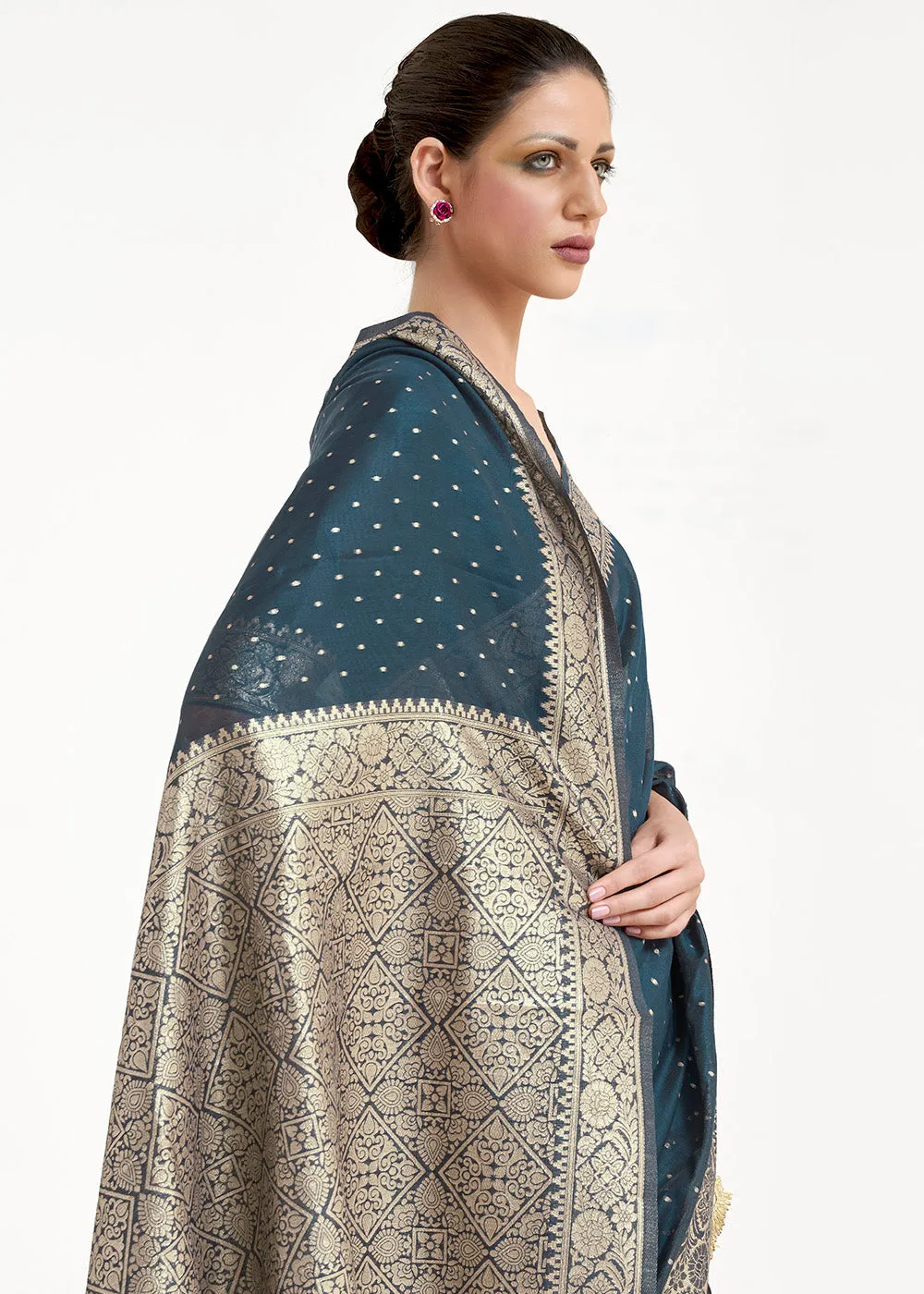 Prussian Blue Woven Banarasi Silk Saree with overall Mukaish work