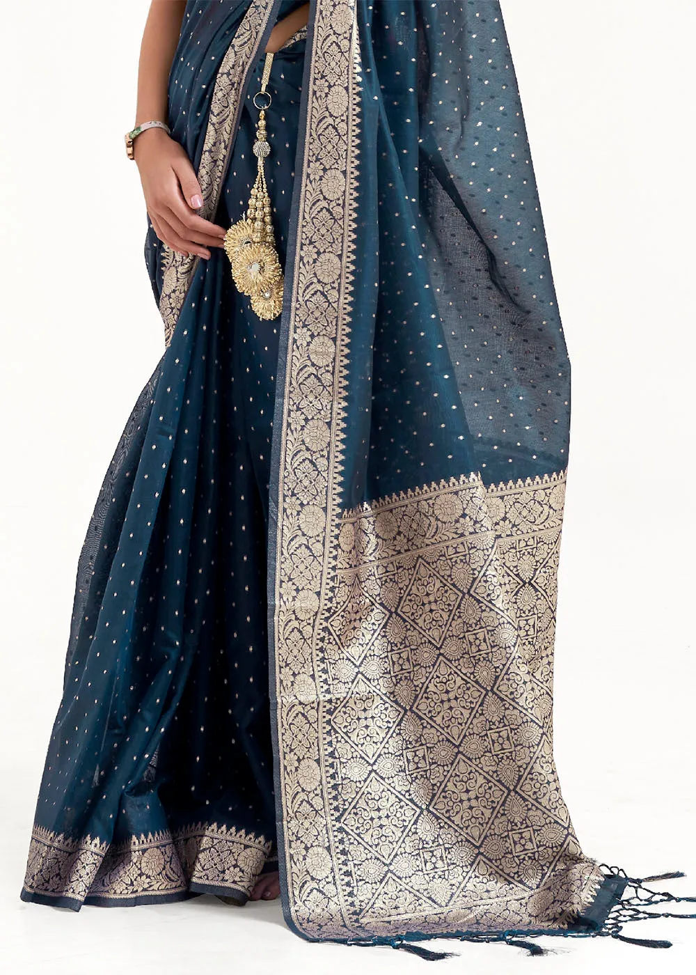 Prussian Blue Woven Banarasi Silk Saree with overall Mukaish work