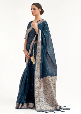 Prussian Blue Woven Banarasi Silk Saree with overall Mukaish work