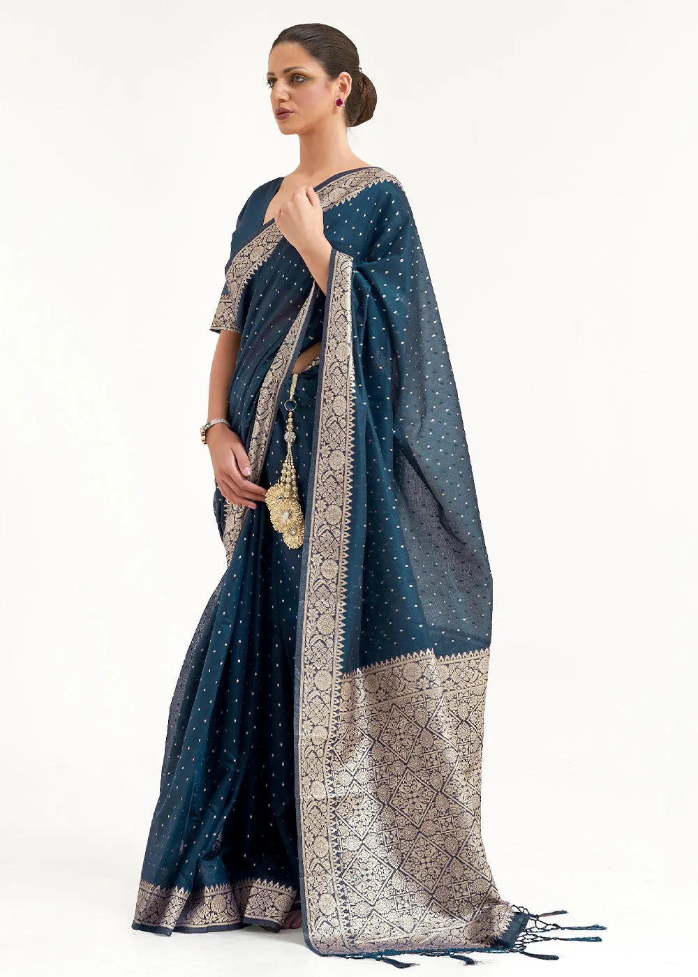Prussian Blue Woven Banarasi Silk Saree with overall Mukaish work