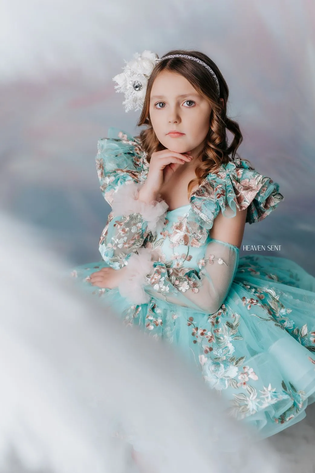 "Brynn" in Seafoam   detachable sleeves -  Petal Short Length Dress ( 7 Year - Petite 8 Year)