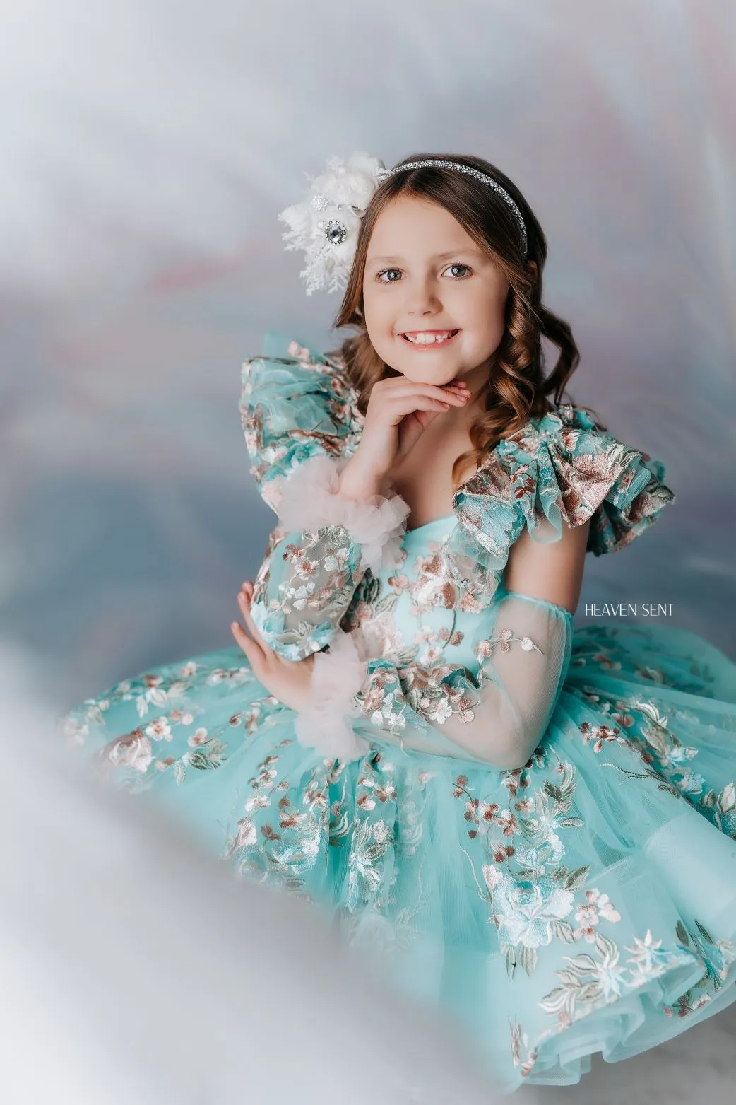 "Brynn" in Seafoam   detachable sleeves -  Petal Short Length Dress ( 7 Year - Petite 8 Year)