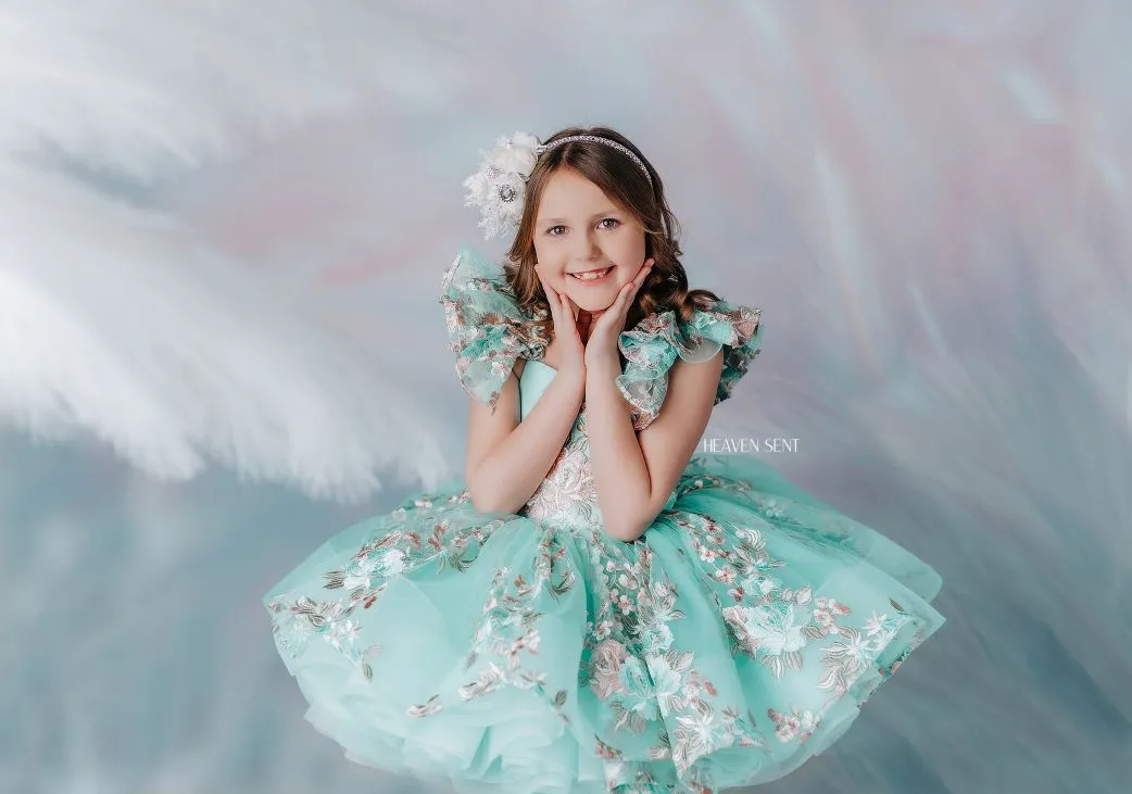 "Brynn" in Seafoam   detachable sleeves -  Petal Short Length Dress ( 7 Year - Petite 8 Year)