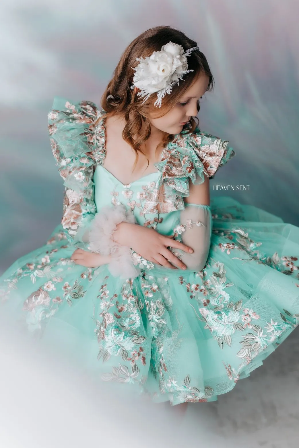 "Brynn" in Seafoam   detachable sleeves -  Petal Short Length Dress ( 7 Year - Petite 8 Year)