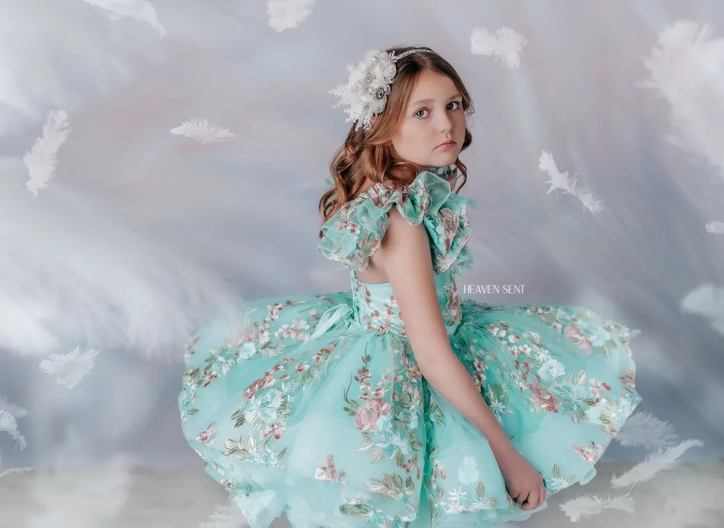 "Brynn" in Seafoam   detachable sleeves -  Petal Short Length Dress ( 7 Year - Petite 8 Year)
